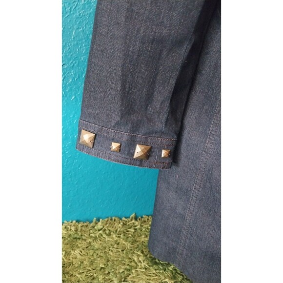 Focus 2000 Denim Jacket Long Dark Wash Square Stud Leopard Print Lined 6 Petite - Picture 7 of 8